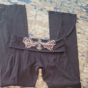 Vintage Fold Over Black Embellished Women's Leggings Xs